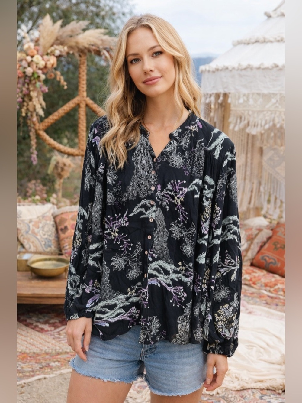Free People Floral Peacock Button Up Black Bohemian Blouse Size XS